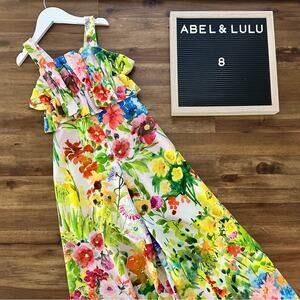 Abel & Lula Colorful Floral Ruffle Jumpsuit 8 Sleeveless Pink Yellow Blue Green